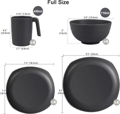 Set de veselă din PP | Set de veselă ușor și indestructibil, format din 16 piese, pentru copii și adulți, set combinat de masă cu 4 farfurii, 4 farfurii de desert, 4 boluri, 4 cești pentru 4 persoane