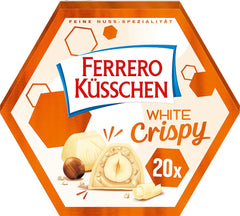 Ferrero Küsschen White Crispy – Valentinstagsgeschenk für Sie und Ihn – Knusprig geröstete Haselnüsse in heller Creme mit knusprigen Chips, umhüllt von weißer Schokolade, 1 Packung mit 20 einzelnen Pralinen