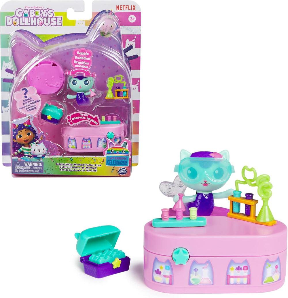DREAMWORKS CASA DE PĂPUSI GABBY - Pachet de mobilier Bobble Kitty de Meerkätzchen, Figurină Pisică cu mobilier și accesorii pentru casă de păpuși, Vârste 3+