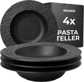 MIAMIO – Set de 4 farfurii pentru paste, 26 cm, farfurii adânci mari pentru supă, veselă ceramică modernă, alb-negru, potrivită pentru cuptorul cu microunde și mașina de spălat vase – Colecția Oasis (Negru)