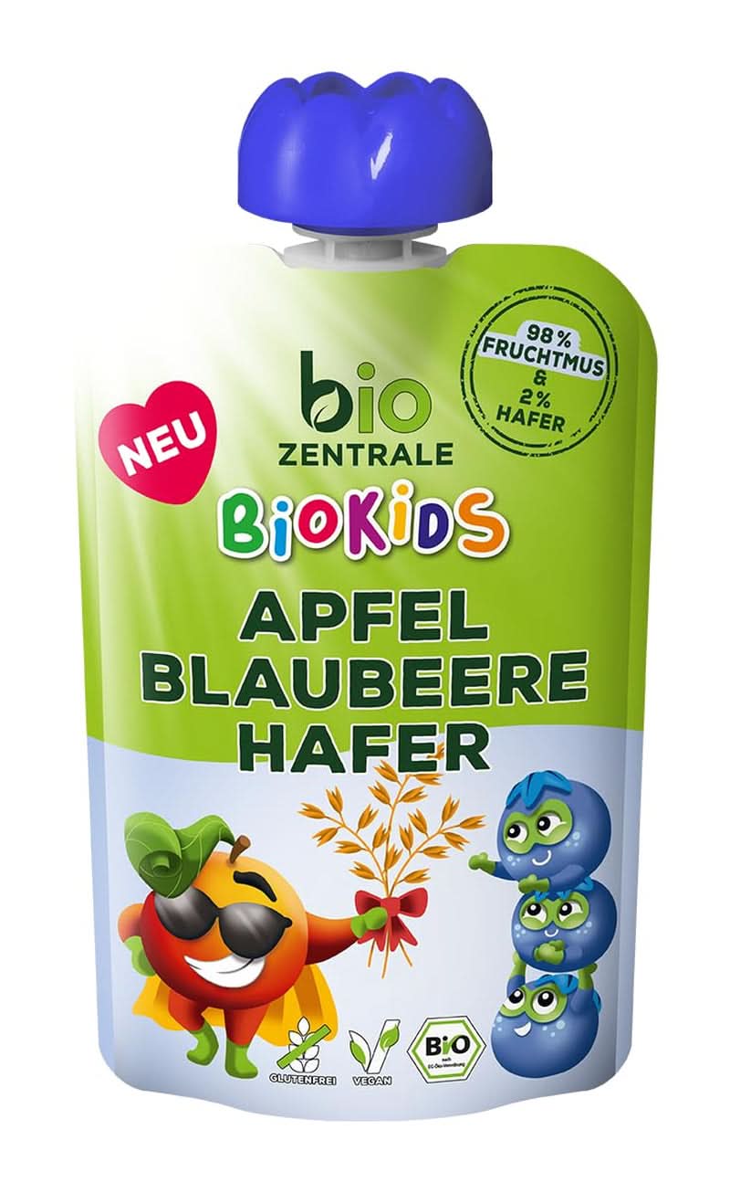 Biozentrale Biokids Fruchtpüree Äpfel Heidelbeeren Hafer | 12X90G | Veganer Frucht-Hafer-Snack | Ohne Zusatz von Kristallzucker Mutter und Kind Naty Shop