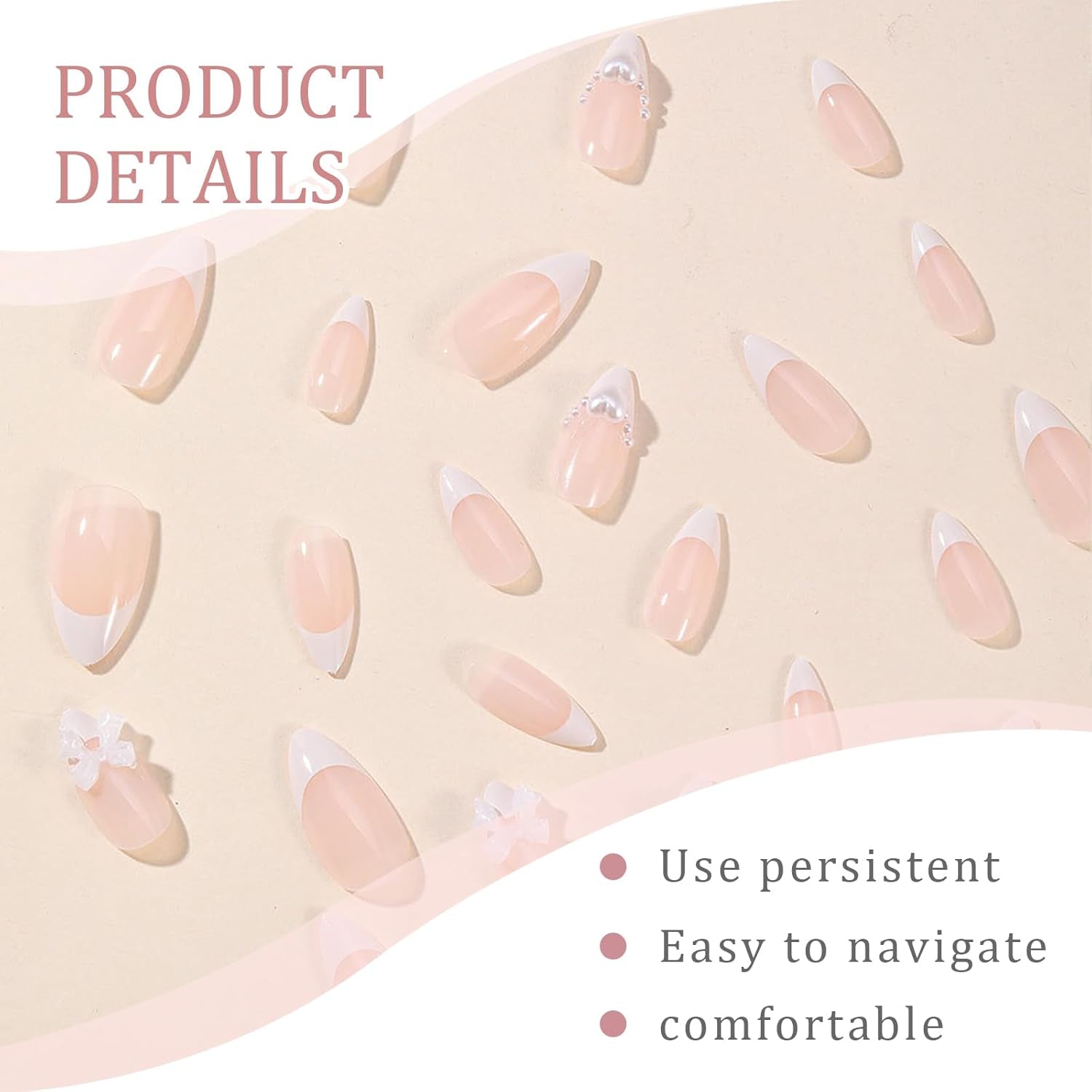 24 de bucăți de unghii franțuzești presă, albe, în formă de migdală, cu funde și perle, unghii artificiale pentru lipit, vârfuri de unghii false, unghii cu sclipici