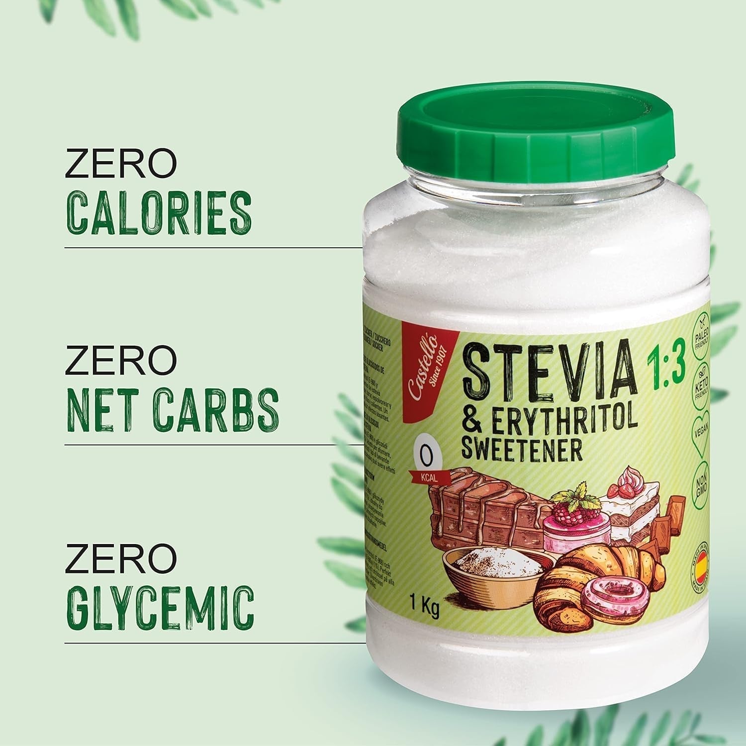 Stevia + Erythrit 1:3 Süßstoff | 1G = 3G Zucker | 100% Natürlicher Zuckerersatz - 0 Kalorien - 0 Glykämischer Index - Keto Und Paleo - 0 Netto-Kohlenhydrate - Kein GVO - Castello since 1907-1 Kg Indulcitori Naty Shop
