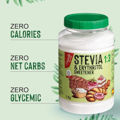 Stevia + Erythritol 1:3 Süßstoff | 1G = 3G Zucker | 100 % natürlicher Zuckerersatz – 0 Kalorien – 0 glykämischer Index – Keto und Paleo – 0 Netto-Kohlenhydrate – kein GVO – Castello seit 1907 – 1 kg Süßstoffe Naty Shop