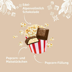 Schogetten Popcorn 1 Tafel Schokolade x 100g, Milchschokolade mit Popcorn und Maisstückchen, praktische Einzelstücke. Eine Delikatesse. Stück für Stück.