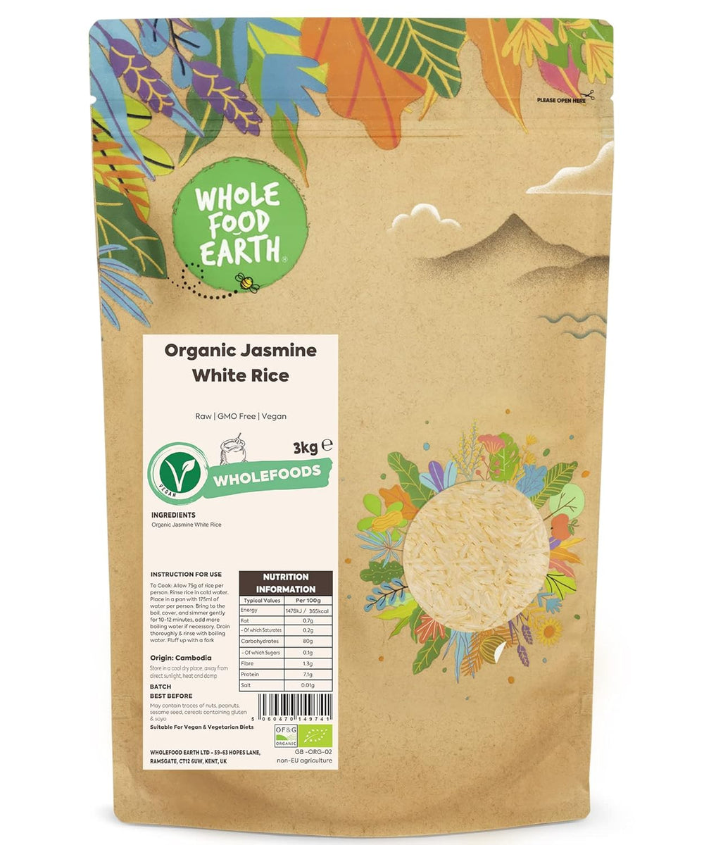 Weißer Reis mit Jasmin Wholefood Earth Bio 3kg Roh | GVO-frei | Vegan | Ballaststoffquelle | Bio-zertifiziert