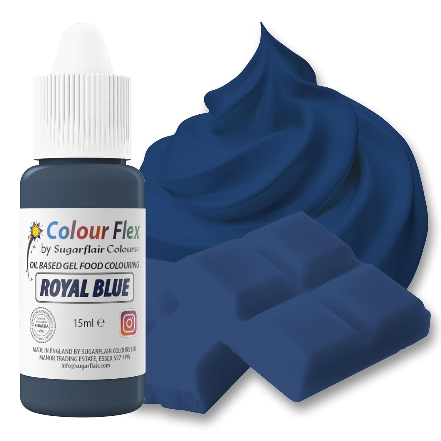 Colorant alimentar pe bază de ulei Sugarflair Colourflex, albastru regal, colorant alimentar lichid foarte concentrat, colorant alimentar pentru cremă de unt, ciocolată, aluat, fondant, glazură și multe altele - 15 ml