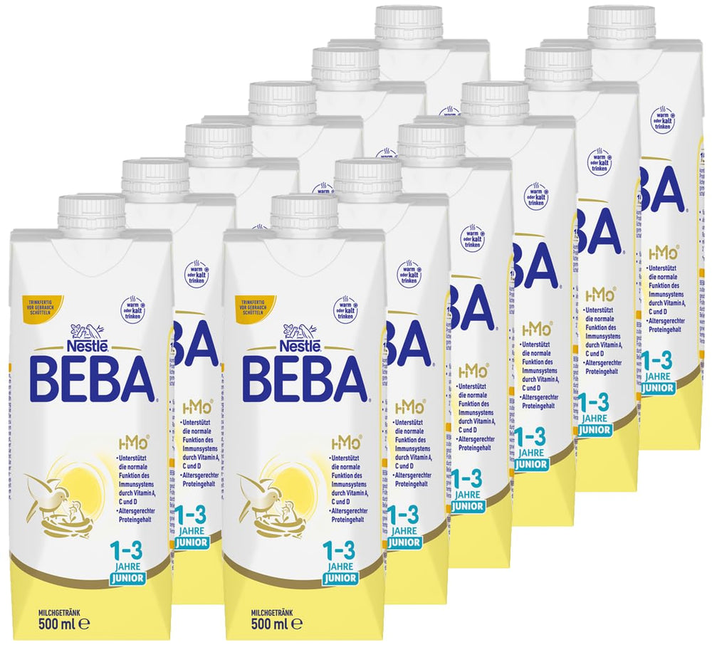 BEBA Junior trinkfertiges Milchgetränk 1-3 Jahre, mit HMO, altersgerechter Proteingehalt, palmölfrei, fischölfrei, Kleinkindnahrung, 12er Pack (12 x 500 ml)