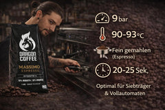 Dragon Coffee Massimo Espresso – Mittlere italienische Röstung | 70% Robusta / 30% Arabica | Kaffee Ganze Bohnen | Intensive Crema | (5x1kg)