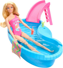 Barbie-Puppe und Zubehör – Pool mit Rutsche und Zubehör für stundenlangen Spaß in der Sonne, rosa Badeanzug mit tropischem Design, für Kinder ab 3 Jahren, HRJ74 Naty Shop Dollhouses