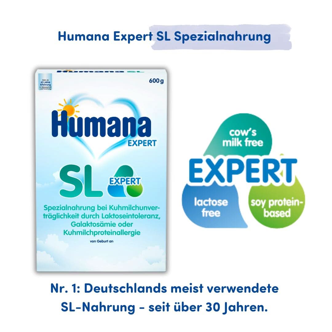 Humana SL Expert, de la nastere, hrana speciala pentru intoleranta la laptele de vaca datorita intoleranta la lactoza, galactozemie sau alergie la proteinele din laptele de vaca, pentru sugari si copii mici, 600 G Mama si Copilul Naty Shop