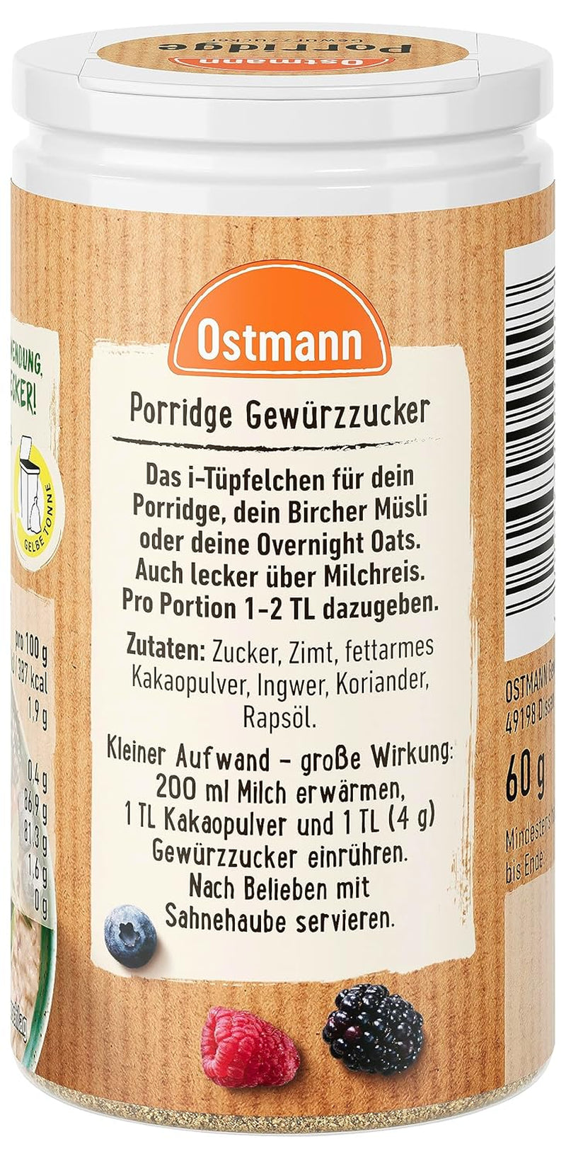 Ostmann Gewürze – Porridge Gewürzzucker, Aromatischer Mix Mit Zimt & Kakao, Zum Würzen Von Oatmeal, Milchreis Und Anderen Süßen Spezialitäten, Vegan, 60 G (Verpackungsdesign Kann Abweichen) Cereale Naty Shop