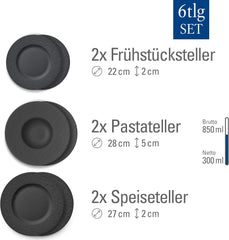 Villeroy & Boch – Set de veselă Manufacture Rock, 6 piese, Set de veselă pentru 2 persoane, Porțelan Premium, Negru