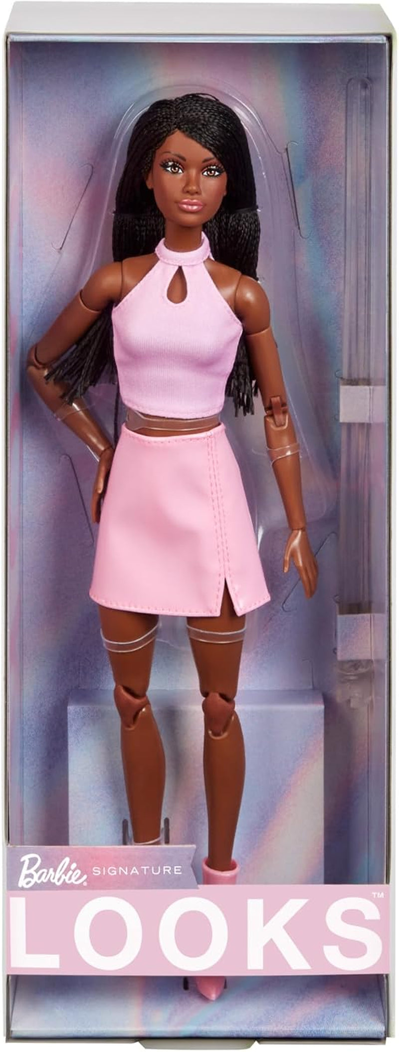 Barbie Looks Puppe, Sammelfigur Nr. 21 mit geflochtenem schwarzem Haar und moderner Y2K-Mode, rosa Neckholder-Top und Kunstlederrock mit Stiefeln, HRM13 Naty Shop Dolls Standardtitel