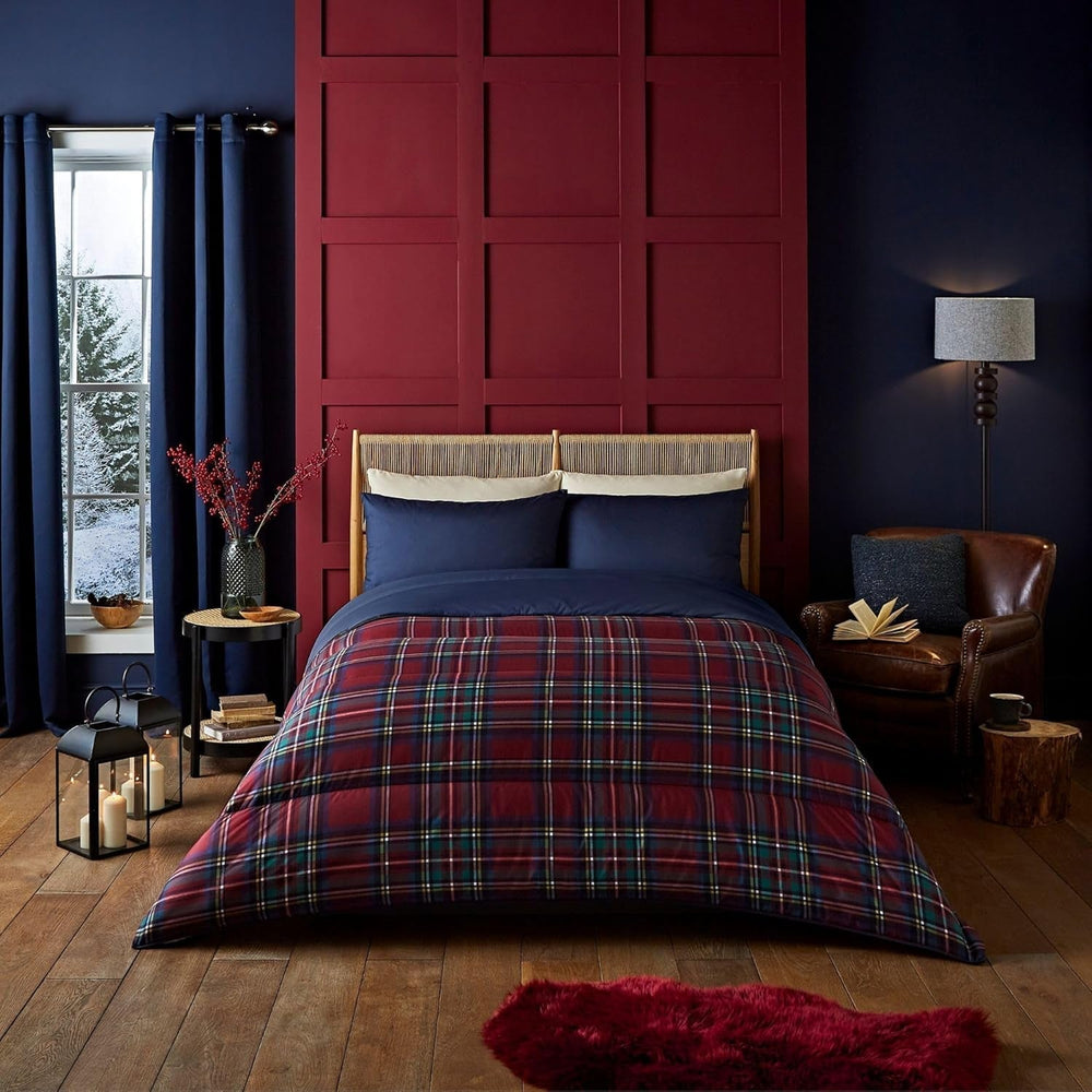 Night Lark Bettdecken- und Kissenbezug-Set, 10,5 Tog, Einzelbett, klassisches rotes Schottenkaro, luxuriöse Bettwäsche, hypoallergen, maschinenwaschbar, Naty Shop, klassische rote Schottenkaro-Bettdecken und Steppdecken, Einzelbett