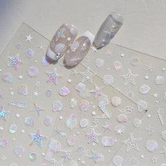 JMEOWIO 3D Nagelsticker Aurora Muschel Seestern Nail Art Sticker Selbstklebend Nagelaufkleber 5D Stereoskopisch Ozean Thema Dekoration Nageldesign Zubehör 1 Blatt
