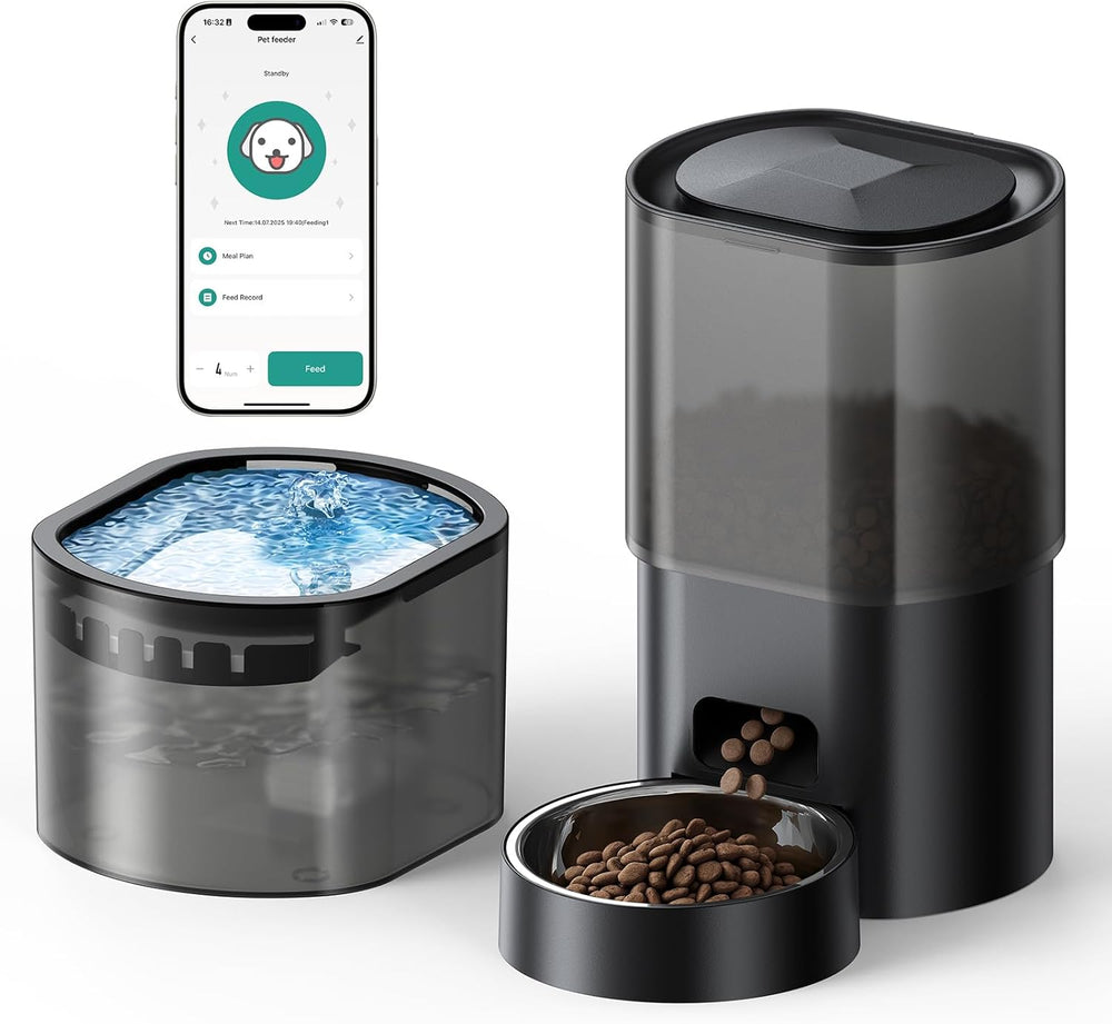 3L Automatischer Katzenfutterspender 2.5L Katzenbrunnen-Set, geräuscharmes App-steuerbares Fernfütterungsgerät mit 10 Mahlzeiten pro Tag, Anti-Verstopfungs-Design, ideal für Katzen & Welpen