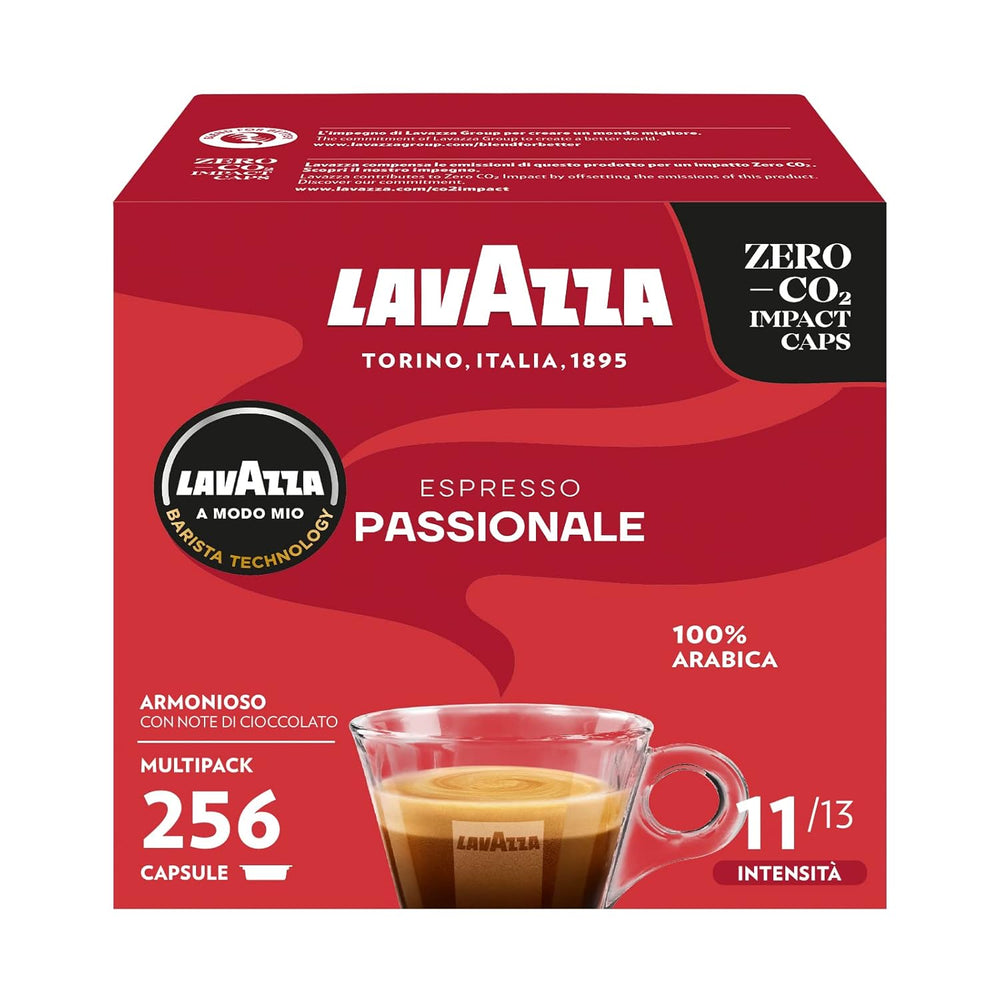 Lavazza, A Modo Mio Passionale, 256 Kaffeekapseln, für einen Espresso mit Noten von Karamell und Schokolade, 100% Arabica, Intensität 11/13, dunkle Röstung, 16 Packungen x 16 Kapseln