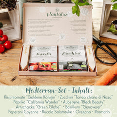 Plantaluz Premium Bio-Samen-Set P04 – Mediterranes Gemüse- und Kräuter-Samen-Set mit 10 Sorten für Garten, Balkon und Hochbeet – inklusive FSC-Pflanzstäbchen – frei bestäubte und gentechnikfreie Bio-Samen