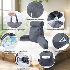 Pernă ergonomică pentru citit INFANZIA cu cotiere, suport pentru spate, mare, gri