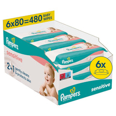 Pampers Sensitive Wet Wipes, 6 Packungen à 80 Tücher = 480 Tücher, parfümfrei, für sanfte, schonende Reinigung