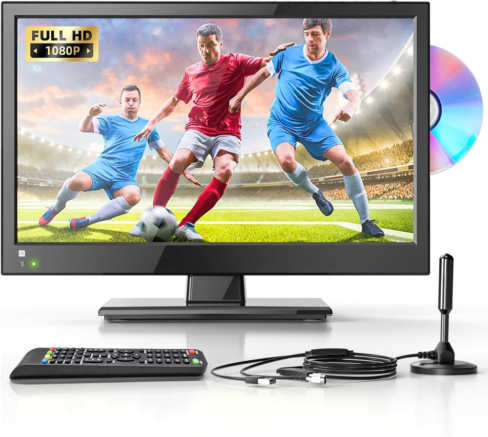 Mini televizor DESOBRY de 16 inci cu DVD player integrat, suport pentru mini televizor 1080p, antenă, HDMI, AV, intrare USB, televizor de 12V pentru camping/autorulote/caravane/autorulote