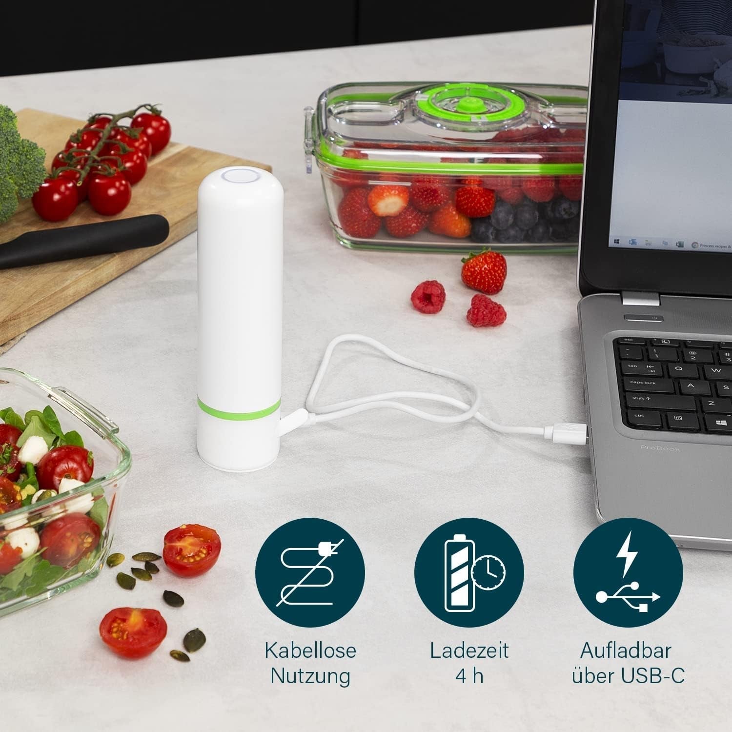 Set de recipiente din sticlă pentru păstrarea alimentelor Princess cu sigilator de vid portabil - inclusiv pompă de vid electrică, cablu de încărcare USB, 2 recipiente pentru gătit și alimente, 2 capace fără BPA, 492985 Cutii depozitare alimente Naty Shop