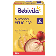 Milchbrei mit Früchten (4x500g), ab 5 Monaten, ohne Zuckerzusatz, mit wertvollen Mineralien und Vitaminen, sehr sättigend
