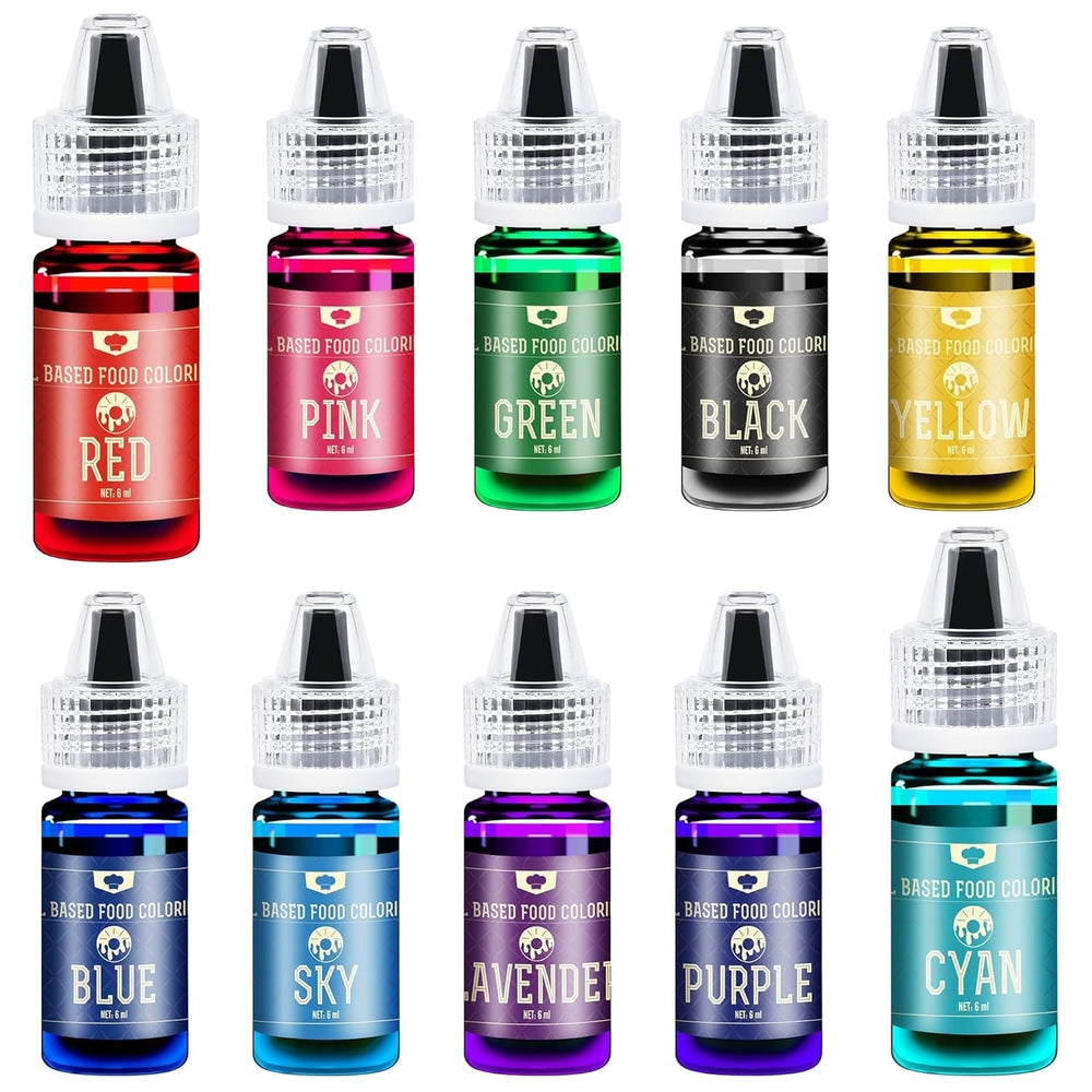Fettlösliche Schokoladen-Lebensmittelfarbe – 10 Farben, ölbasierte Lebensmittelfarbe für Fondant, Backen, Kuchen, Kekse – Geschmacksneutrale flüssige Lebensmittelfarbe für Kakaobutter, Kuchen, Buttercreme – je 6 ml