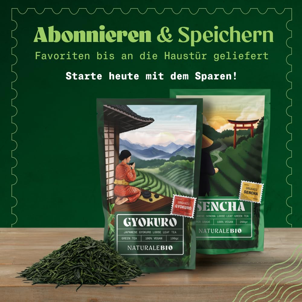 Naturalebio Ceai verde japonez Gyokuro. 50G Ceai organic. Natural și pur. Produs de calitate original din Japonia. Plăcere organică de înaltă calitate, cultivat tradițional pentru un gust optim.