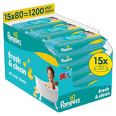 Pampers Fresh Clean Feuchttücher, 15 Packungen mit 80 Tüchern, insgesamt 1200 Tücher, leichter Duft, auch für Hände und Gesicht geeignet