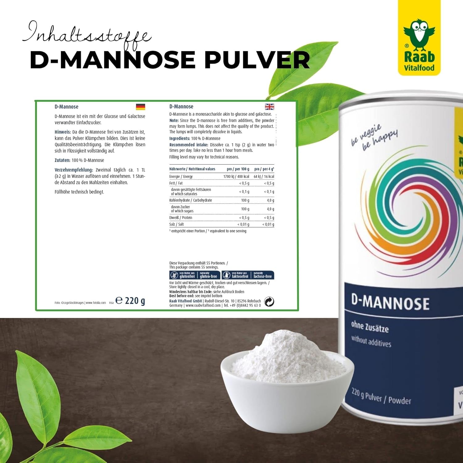Raab Vitalfood® D-Mannose Pulver (220 G) - Frei Von Zusätzen, Vegan, Glutenfrei, Gut Löslich, Mit Meßlöffel in Der Dose, Vorratspackung, 100% D-Mannose (Gewonnen Aus Mais) Indulcitori Naty Shop