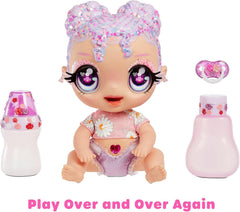 MGA Glitter Babyz – LILA WILDBLOOM – Babypuppe mit 3 magischen Farbwechseln durch eiskaltes Wasser – mit lila Glitzerhaaren, Wildblumen-Outfit, Windel, Flasche und Schnuller – für Kinder ab 3 Jahren