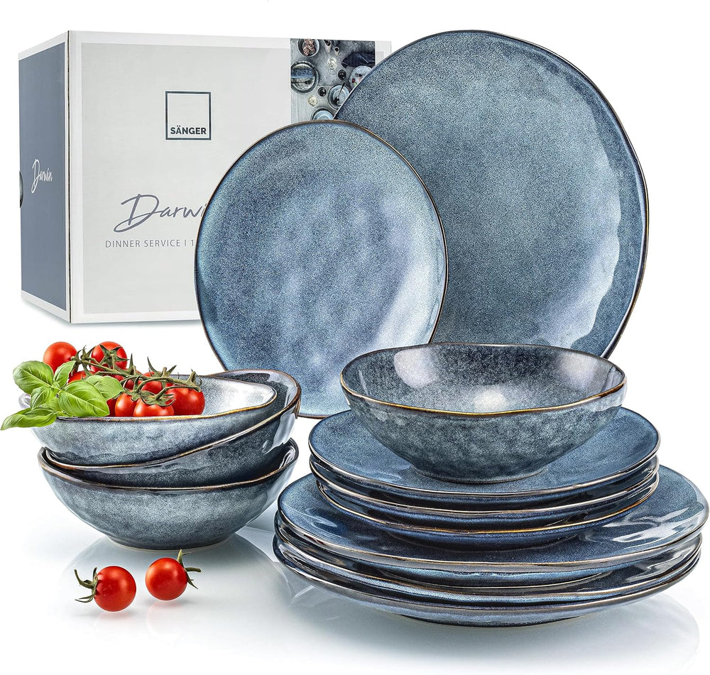 SÄNGER | Set de veselă Darwin cu 12 piese, set de veselă din gresie pentru 4 persoane, set de farfurii albastre care include farfurii de cină, farfurii de desert și farfurii de supă, set de veselă lucrat manual | COLECȚIA PREMIUM