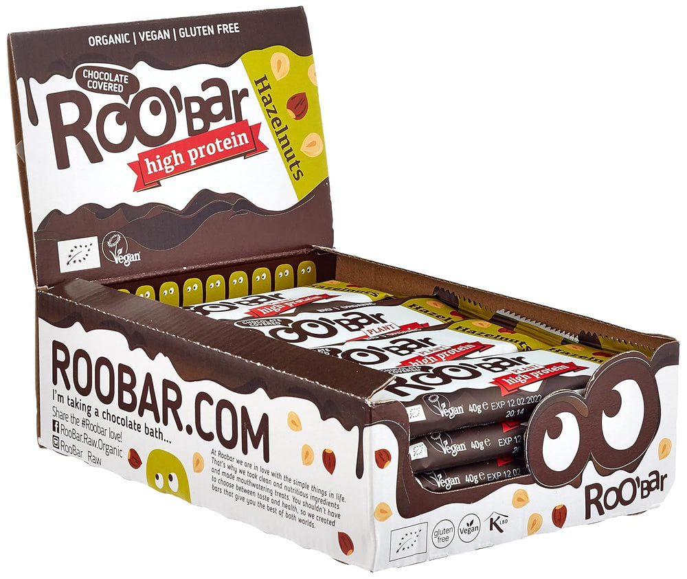 Proteinreiche, mit Schokolade glasierte Haselnussriegel – 100 % biologisch, vegan, Fruchtriegel, frei von Milchprodukten, glutenfrei, frei von raffiniertem Zucker – 16 Riegel x 40 g