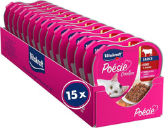 Vitakraft Poésie Création, hrană umedă pentru pisici, hrană umedă în sos, cu carne de vită și morcov, pachet vrac, fără zahăr adăugat sau cereale (15 x 85g)