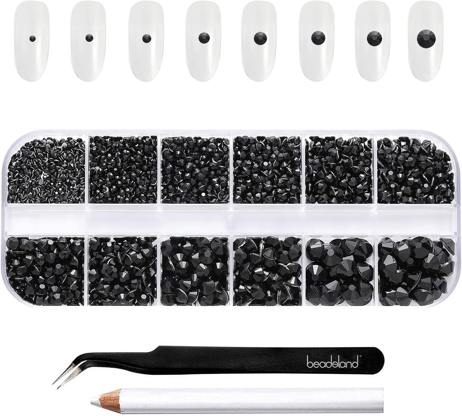 Beadsland 2500Pcs Glas Nailart Strasssteine Kristall Flatback Edelsteine Runde, Für Handwerk Gemischt 8 Größen SS4 ~ SS30 Mit Picking Pinzette Und Stift (Kristall Weiss)