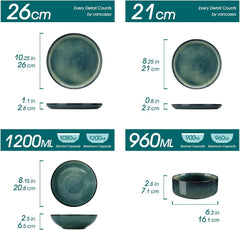 Set de veselă modern pentru 6 persoane, set de veselă din gresie Vancasso STARRY cu 24 de piese, set combinat verde, serviciu de cină pentru 6 persoane, inclusiv farfurii de cină, farfurii de desert, farfurii de supă și boluri pentru cereale