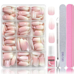 Set 288 bucăți unghii false Ombre Press-on - Kit unghii false artificiale Almond Square Medium Coffin - 3 stiluri gradient cu lipici pentru unghii acrilice pentru femei (Set gradient, 288 bucăți)