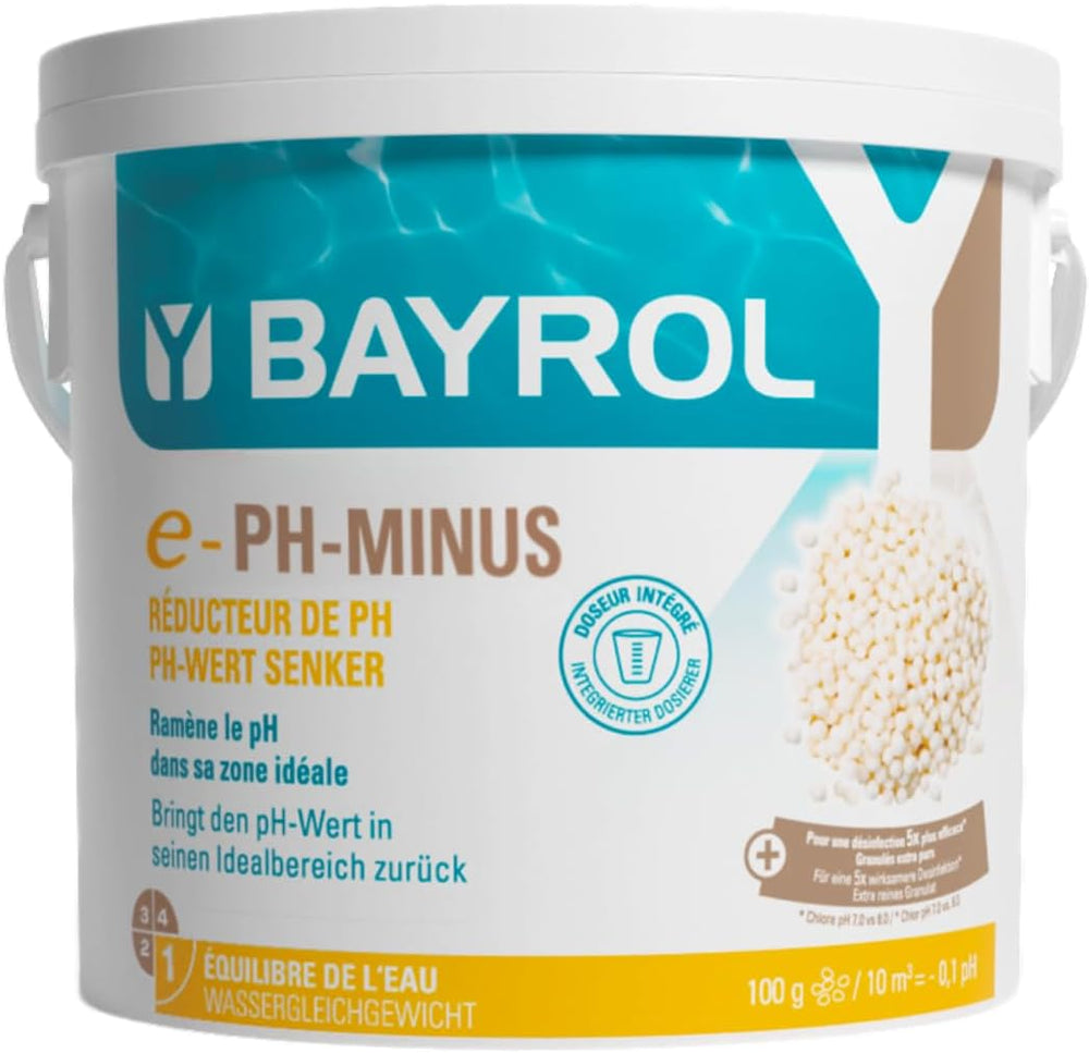 BAYROL e-pH-Minus Granulat 6 kg – reduziert schnell und effektiv zu hohe pH-Werte in Pools – einfache Dosierung direkt ins Wasser – inklusive Dosierbecher – pH-Senker – pH-Einstellung für Pools