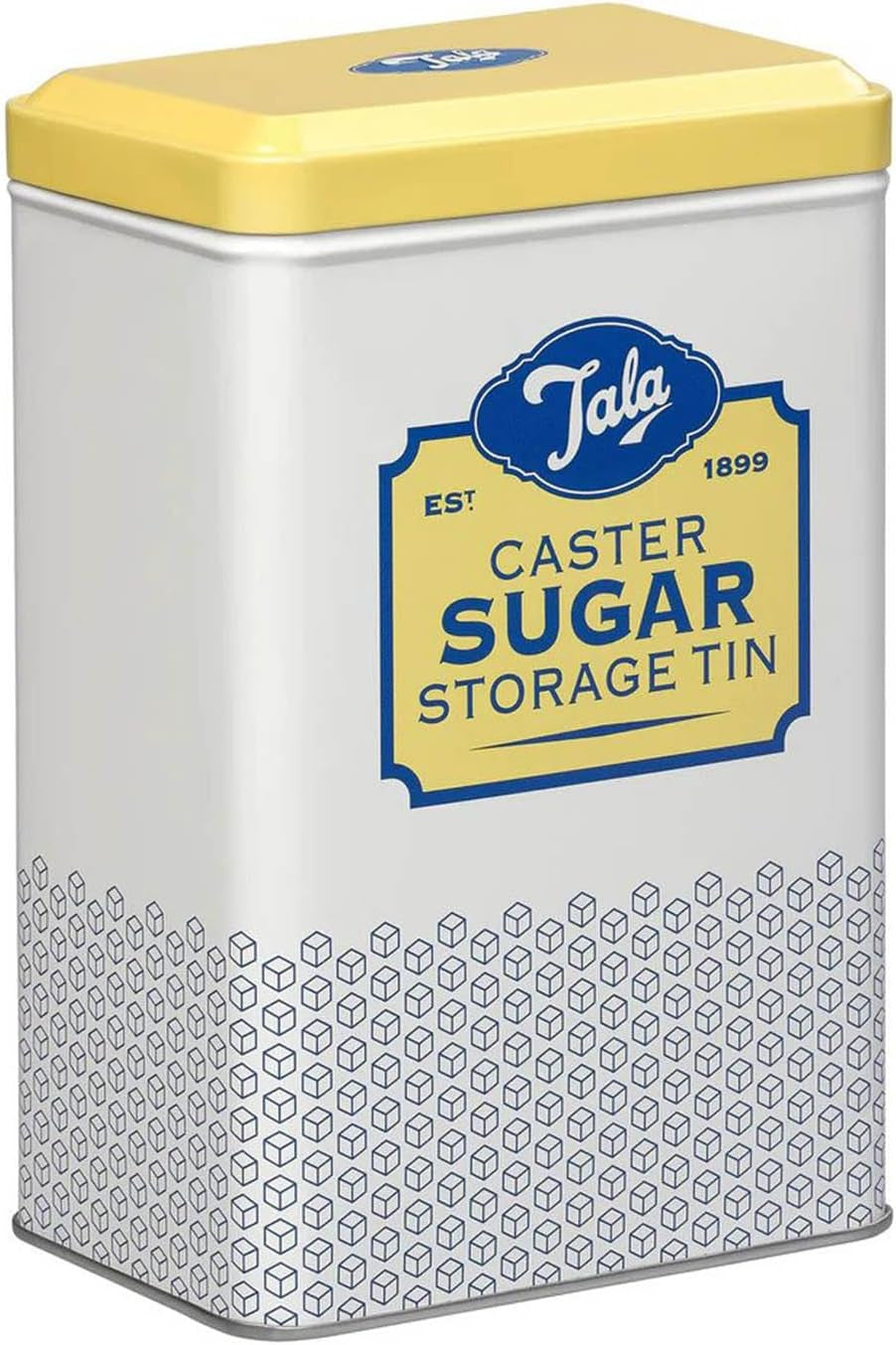 Cutie de depozitare Tala Originals, metalică, design retro în galben și crem, poate conține un plic întreg de zahăr pudră
