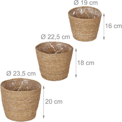 Ghiveci de flori Relaxdays din iarbă de mare, set de 3, rotund, pentru flori și ierburi, coș de plante cu folie, 3 dimensiuni, jardinieră, naturală