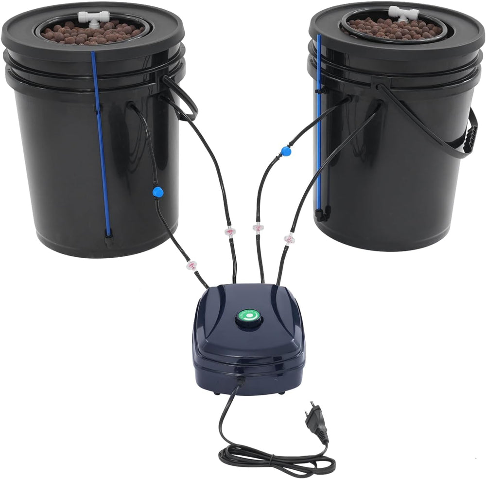 Komplettes DWC-Hydrokultursystem-Set mit 12-W-Luftpumpe, 2 Eimern (5 Gallonen), Hydrokultur-Anbausystem, 2 Beuteln Ceramsite, Topfbewässerungsset