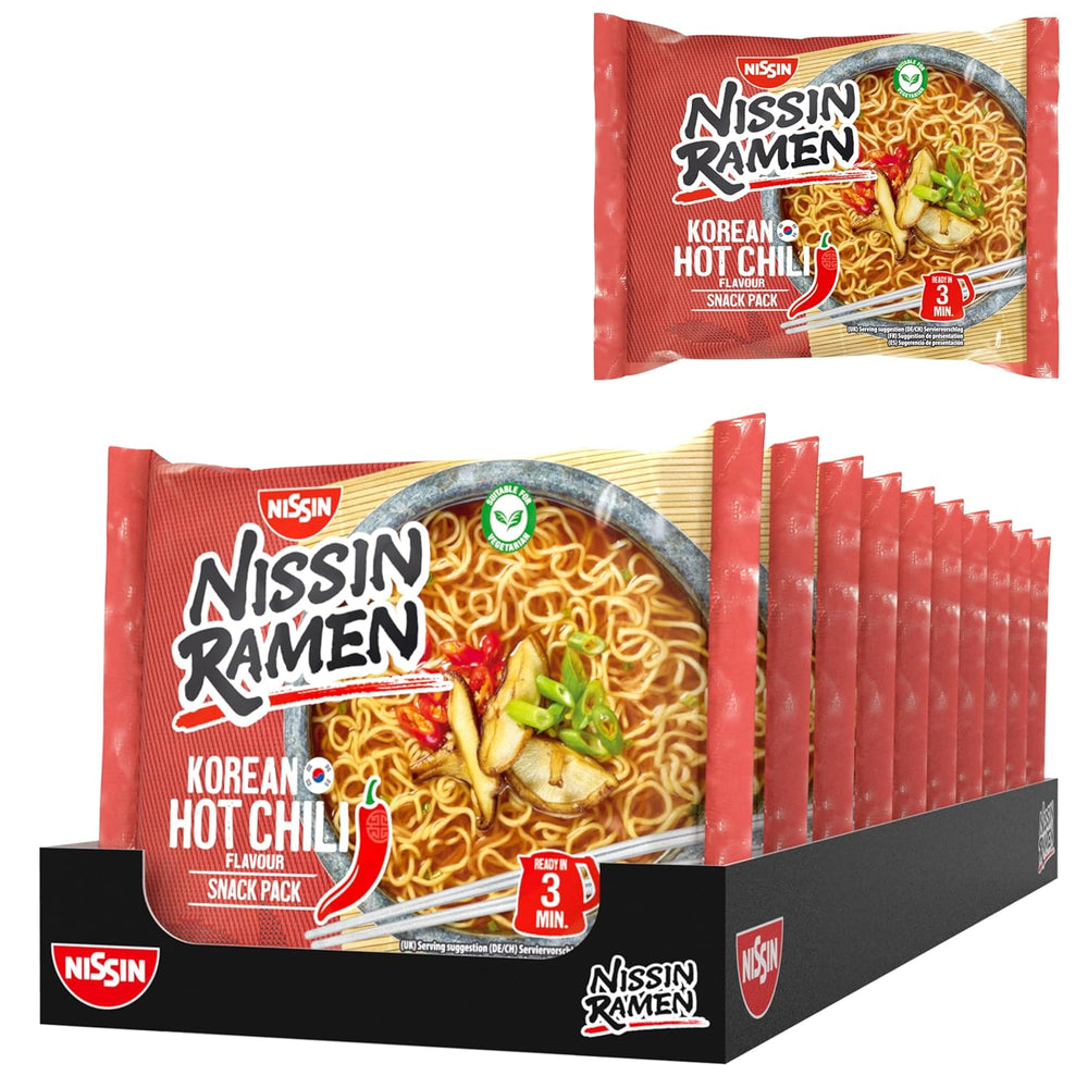 Nissin Ramen – Korean Spicy Chili, 10er-Pack Instant-Nudeln nach asiatischer Art, basierend auf einem koreanischen Rezept, schnell und einfach asiatisches Essen zuzubereiten (10 x 65,2 g)