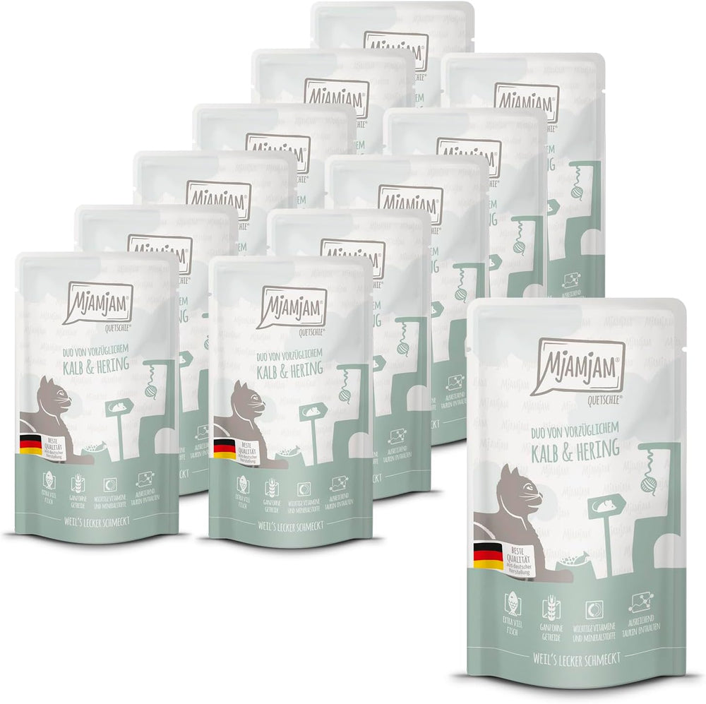 MjAMjAM - Hrană umedă premium pentru pisici - Pungă compresibilă - DUO cu carne de vițel și hering rafinate, pachet de 12 (12 x 125g), fără cereale
