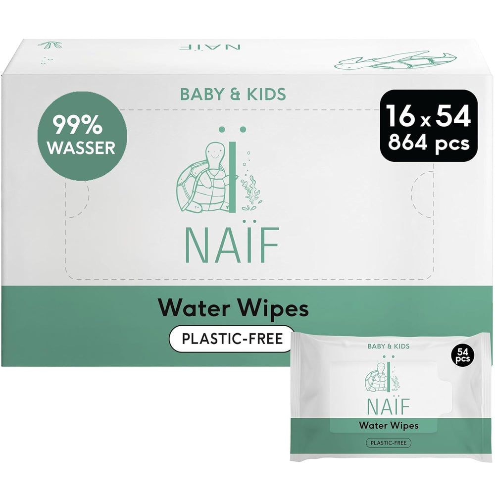 Naïf – Plastikfreie Feuchttücher – 864 Stück (16 Packungen à 54 Tücher) – Pflege für Babys Po, Körper und Gesicht – 99 % Wasser – 0 % Parfüm und Alkohol