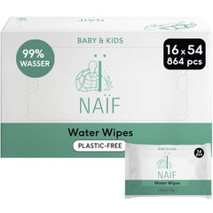 Naïf – Plastikfreie Feuchttücher – 864 Stück (16 Packungen à 54 Tücher) – Pflege für Babys Po, Körper und Gesicht – 99 % Wasser – 0 % Parfüm und Alkohol