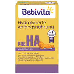 PRE HA (5 x 500g), formulă de lapte praf hidrolizată de la naștere, conține doar lactoză ca și carbohidrat, potrivită pentru alimentație suplimentară
