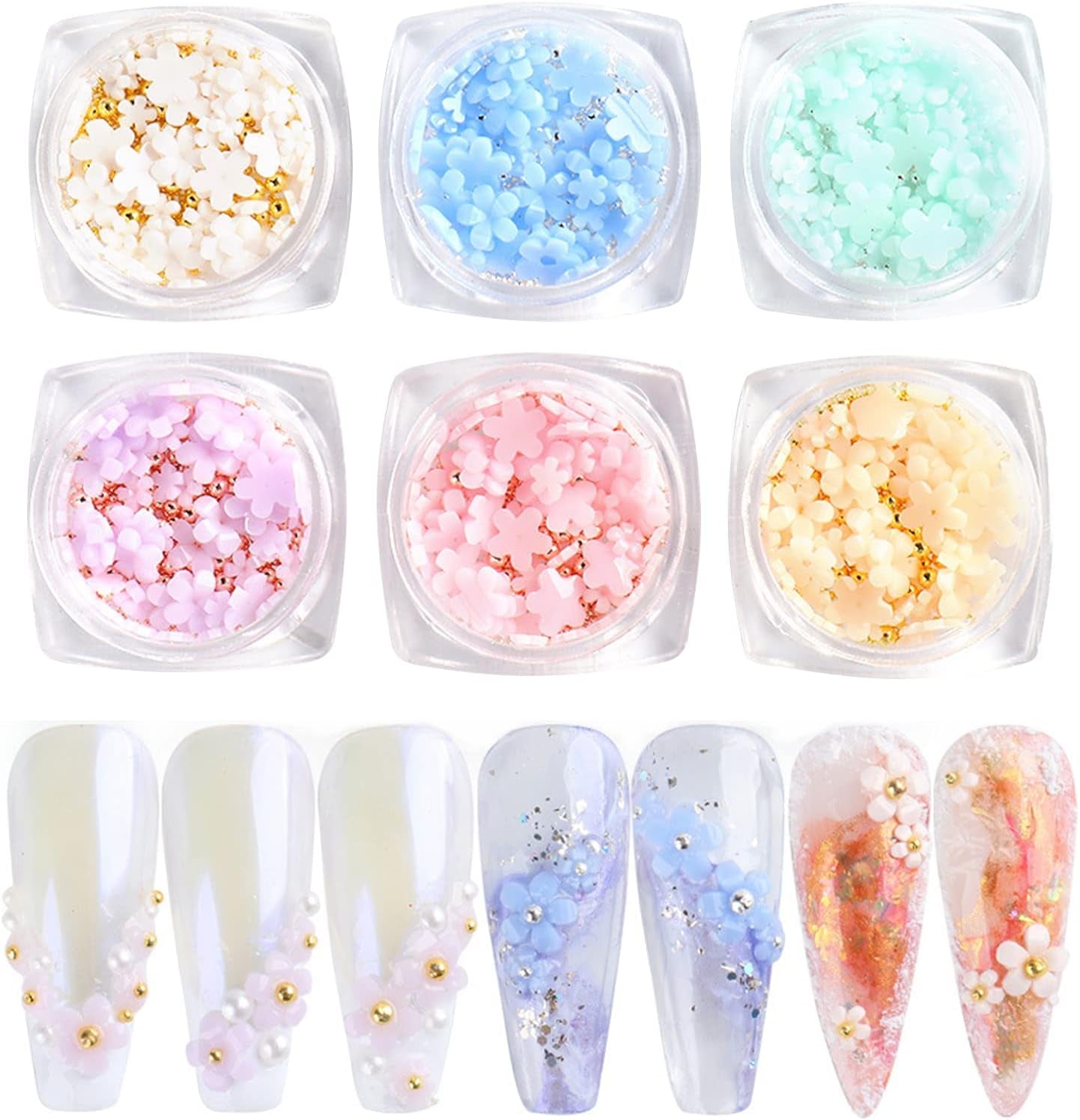 6 Box 3D Blumen Nagelkunst Charms, Acryl Blumen Nagel Strass Mit Gold Und Silberperlen Ornamenten, Nagel Edelsteine, Nagel Zubehör Für Mädchen, Frauen, DIY Nageldesign, Basteldekoration…