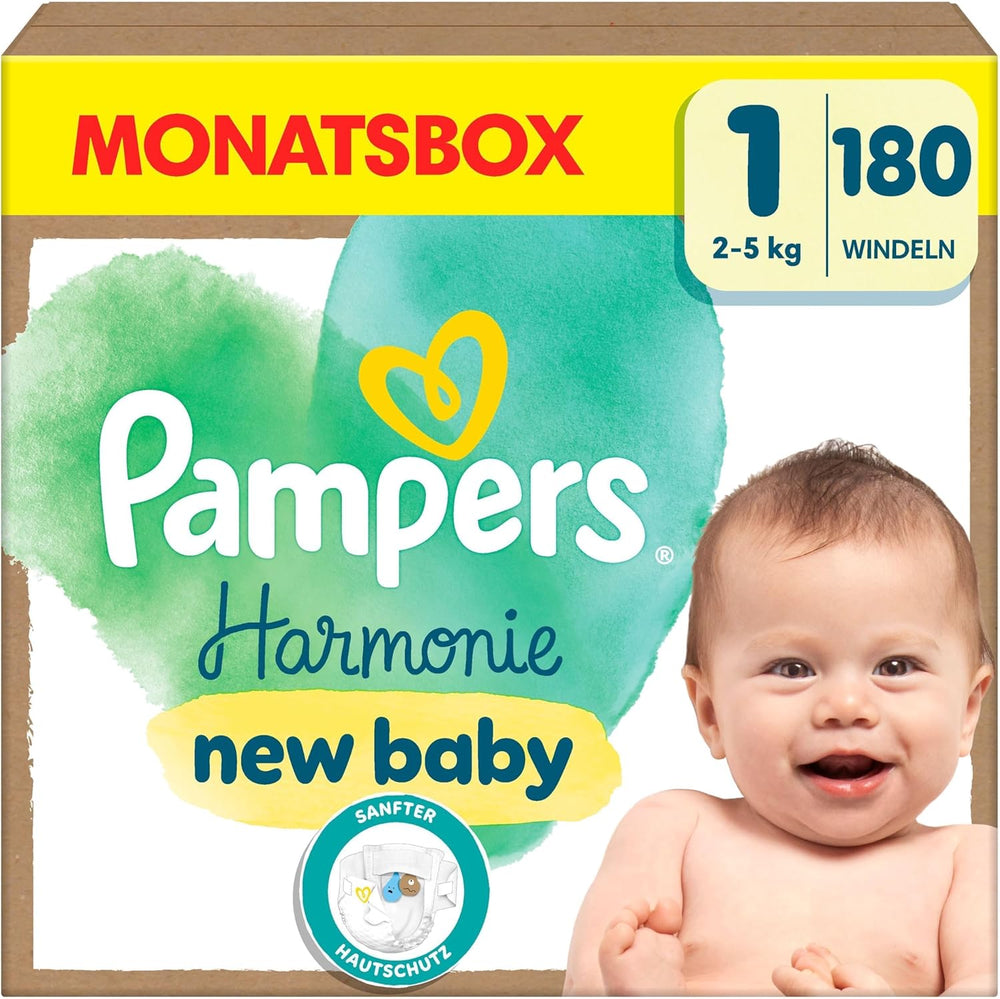 Pampers Harmony Windeln Größe 1, 180 Windeln, 2kg-5kg, sanfter Hautschutz mit 100% Pampers-Schutz